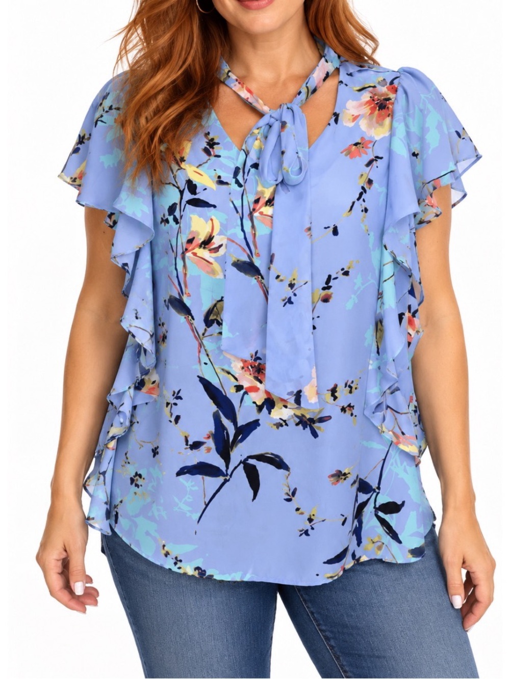 Worthington blue short sleeve floral print blouse